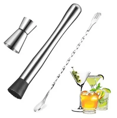 Produktbild von Cocktail-Set aus Edelstahl - 4-teilig mit Stößel, Rührlöffel und Messbecher - Barzubehör für Cocktails