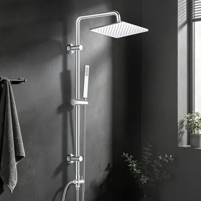 Produktbild von JOHO Regendusche Duschsystem ohne Armatur, Edelstahl Duschset mit Verstellbarer Duschstange, Kopfbrause 20x20 cm Chrom