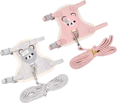 Produktbild von Verstellbarer Gurt mit Gurtclip und weich gepolstertem Haustiergeschirr grau rosa - 2 Stück - komfortables Geschirr - 120 cm - für Kaninchen - Katze - kleines Haustier - Spaziergang