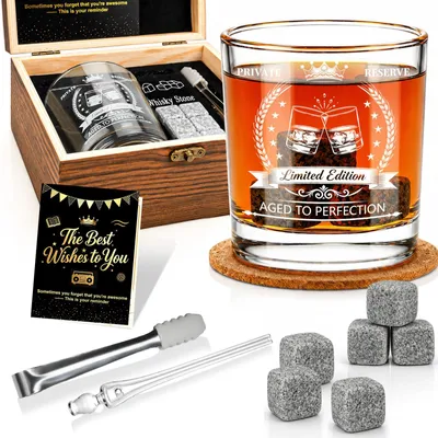 Whisky-Set mit Holzbox, Granitsteinen, Pipette & Zange