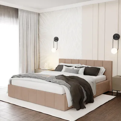 A bedroom scene with a bed, nightstand, and wall decorations.