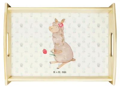 Produktbild von Mr. & Mrs. Panda Holztablett Alpaka Blume - Kaktus Grün - Geschenk, Lama, Spruch, Servier Tablett, aus holz, Serviertablett, Servierplatte, Lamas