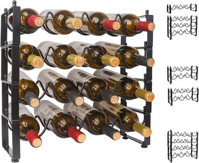 Immagine prodotto di Portabottiglie metallico 3 in 1 per 16 bottiglie, da appoggio, utilizzabile come scaffale impilabile o portabottiglie, nero.