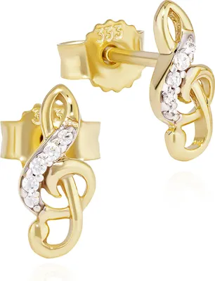Produktbild von Paar Violinschlüssel Ohrstecker 333 Gelb Gold 9x4mm Damen Ohrringe Zirkonia weiß