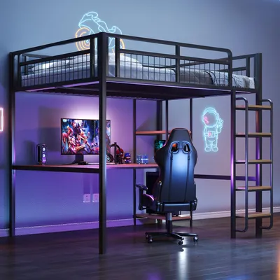 A gaming-themed loft bed with a desk and shelves underneath, illuminated by neon lights.