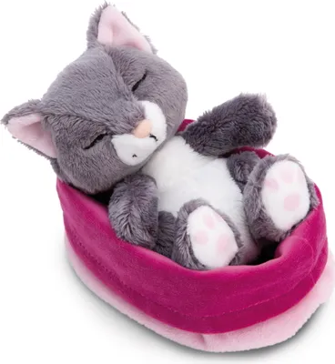 Productafbeelding van NICI knuffel, Sleeping Pets, grijze kat, 12 cm, in een roze mandje. NICI GREEN