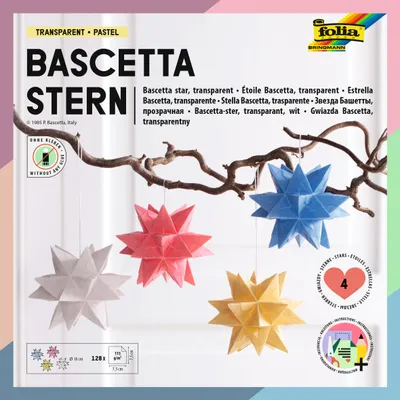 A product packaging image displaying multiple origami stars hanging from a branch, with product information and branding.