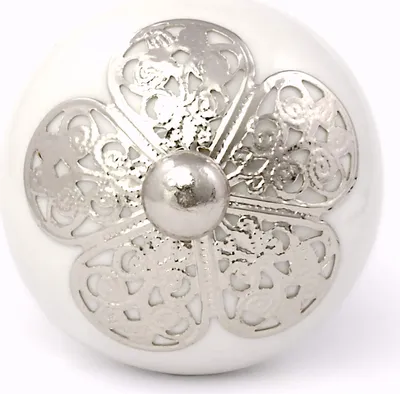 Produktbild von weißer Knauf mit Sternrosette Jugendstil Blüte Silber