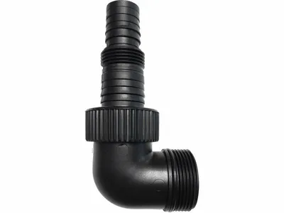 A black elbow fitting with a threaded male end and a ribbed hose barb end, shown against a white background.
