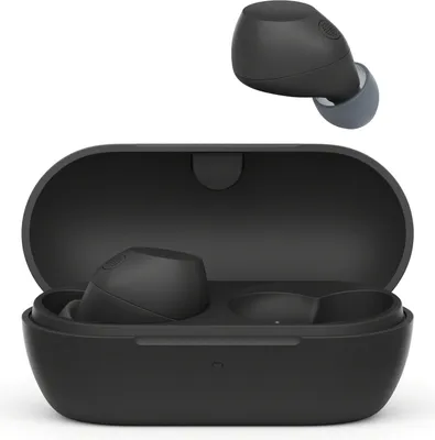 A pair of black wireless earbuds and their charging case are shown against a white background.