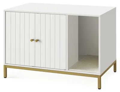 Produktbild von Katzentoilette weiß-gold – geschlossene Katzentoilette – Spanplatte und Stahl – 80 x 50 x 55 cm