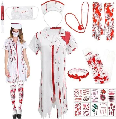 Produktbild von 9-teiliges Krankenschwester-Kostüm für Damen, gruseliges Zombie-Krankenschwester-Outfit, Horror-Kostüm mit Blutflecken, Accessoires für Halloween, Karneval und Cosplay-Partys