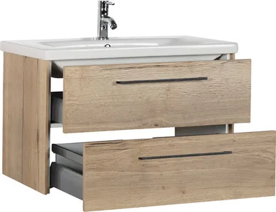 Produktbild von Marlin Badmöbel-Set 3400 BxHxT 80 x 90 x 45,5 cm Frontfarbe eiche natur mit Waschtisch Keramik weiß Griff schwarz ASMM W