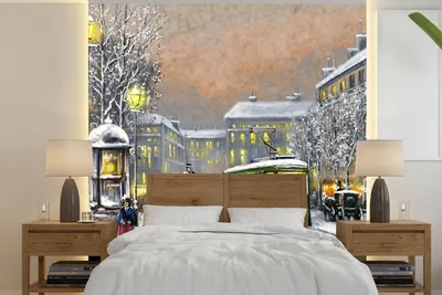 Produktbild von MuchoWow® Fototapete für Wohnzimmer oder Schlafzimmer Wandtapete Vinyl Motivtapete Gemälde - Ölgemälde - Winter - Straßenbahn - Pferd - 300x300 cm - Wanddekoration