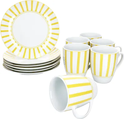 Zdjęcie produktu dla Split żółty 12-częściowy zestaw śniadaniowy Porcelanowe talerze w paski Kubki