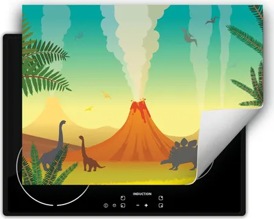 Produktbild von DarHaus Herdabdeckplatte 70x52 cm Anti Rutsch Matte Aufrollbar, Dinosaurier - bunt