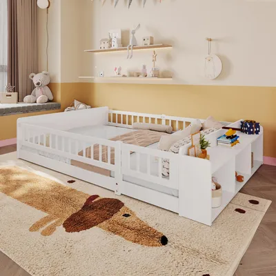 Image de Merax Lit d'enfant 140x190 cm, lit au sol, bois de pin, avec espace de rangement ouvert, étagères, porte de clôture, lit en bois, blanc