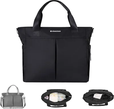 A collage of images showing a black diaper bag from different angles, including an open view revealing its contents, and a separate image of a gray diaper bag.