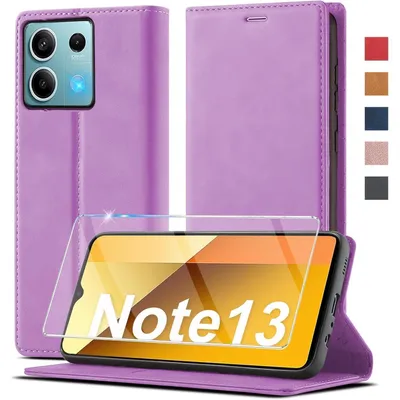 Immagine prodotto di Custodia in ecopelle pieghevole per Xiaomi Redmi Note 13 5G, colore viola, con pellicola protettiva
