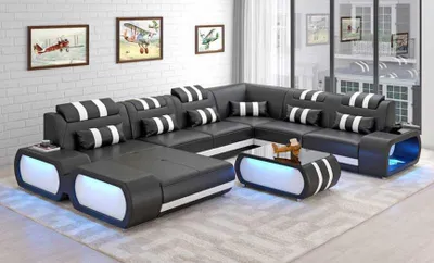 Image de Canapé Moderne XXL En Forme De U Grand D'Angle En Cuir Noir Similicuir