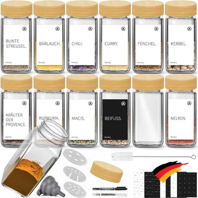 Produktbild von Kräuterbehälter mit Bambusdeckel und Streueinsatz - Set von 12 Stück, Multifunktional und Umweltfreundlich