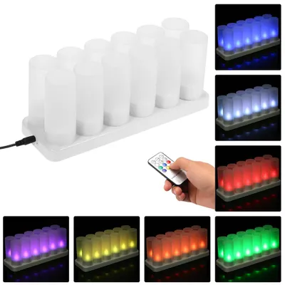 Produktbild von Set mit 12 wiederaufladbaren LED-Teelichtern mit Farbwechsel, flackerndem, flammenlosem Licht, Fernbedienung, USB-5V-Ladestation mit mattierten Becher