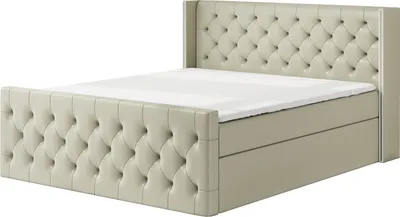 Produktbild von Boxspringbett BOKO 160x200 mit 2 Bettkästen, Bonell-Matratze und Topper. Dekorative Stifte an den Seiten der Kopfstütze. Bett Komplett-Set mit Matratze,Bettkasten & Kopfteil. Stoff Eko Cayenne. Elegantes Bett mit massives Kopfteil.