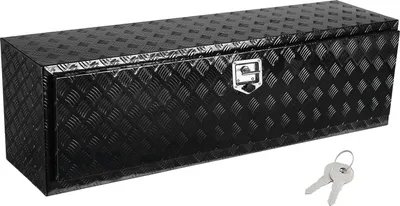 A black aluminum toolbox with a diamond plate pattern, shown with two keys.