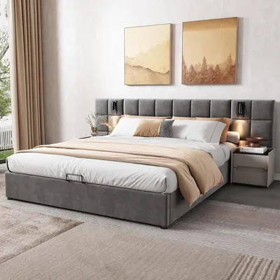 Produktbild von Polsterbett 160x200cm mit USB und Leselampe, Boxspringbett mit Lattenrost, Doppelbett mit Stauruam, Stauraumbett Funktionsbett, Samt, Grau