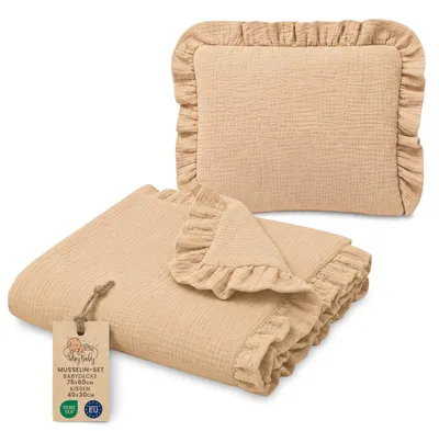 Produktbild von Muselindecke Baby Musselin Set: Babydecke 75x60 cm + Kissen 40x30 cm Babydecke Decke Sommerdecke Kühldecke Bettwäsche Kinder mit Rüschen Baumwolle Set Kissen atmungsaktiv Beige