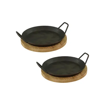 Produktbild von 2 Stück Servierpfanne aus Schmiedeeisen mit zwei Seitengriffen und Brett ø 24cm