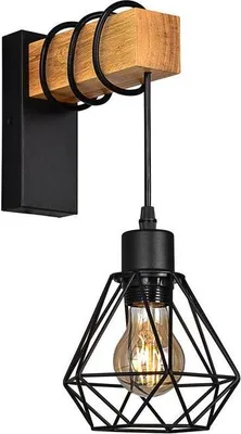 Image de Applique murale vintage en bois naturel avec abat-jour en forme de cage noire et douille E27 pour le salon ou le couloir