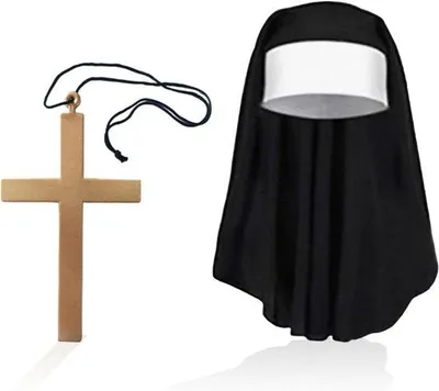 Immagine prodotto di Costumi da suora neri da donna, con copricapo e collana con croce inclusi, in stile religioso, due pezzi, per Halloween