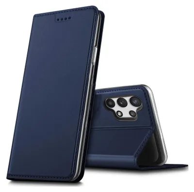 A dark blue flip case for a smartphone is shown in a studio setting against a white background. The case is partially open, revealing the camera module of the phone.