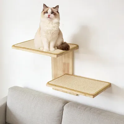 Image de Mur d'escalade pour chats, avec 2 plateformes et des tapis en sisal, fabriquée en bois massif