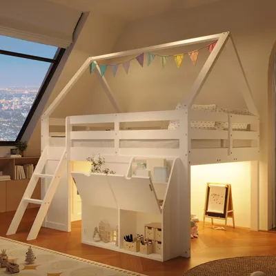 Obrázok produktu pre Postel okwish s hornou podlažím (140x200 cm) s LED osvetlením a úložnými boxami, posteľ pre mládež s výklopným lôžkom a schodmi, biela posteľ, bez matraca