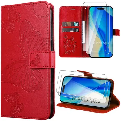 Image de Coque + 2 Verres Trempés pour iPhone 17 Pro Max, Protection Rabat Cuir Synthétique Rouge Motif Papillon