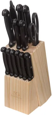 Image de Jeu de couteaux de cuisine, 11 pièces, en acier inoxydable et bois, comprenant un aiguiseur et des ciseaux