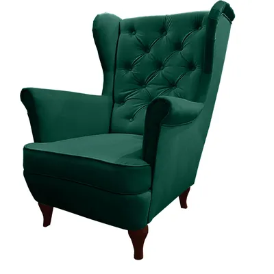 Produktbild von Grün Ohrensessel aus Velours Falco 86 cm Sessel mit Holzbeine Wohnzimmersessel mit Wllenunterfederung, Stoff: kronos 19 - flasches grün