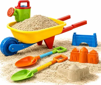 Produktbild von TK Gruppe Timo Klingler Sandspielzeug Set - Sandkastenspielzeug - mit Diversen Formen, Sieben, Rechen, Schaufel für Sandkasten & Sandförmchen für Jungen & Mädchen (9 Teilig mit Schubkarren)