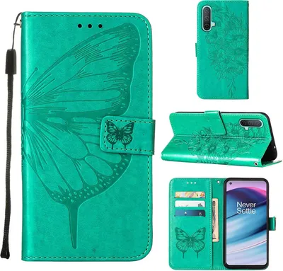 Produktbild von OnePlus Nord CE 5G Hülle, Schmetterling Prägung Flip Leder Kartenfächer Schutzhülle Ledertasche mit Ständer für OnePlus Nord CE 5G Grün
