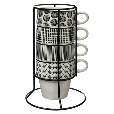 Immagine prodotto di SG Secret de Gourmet Kaffeetassen 4er-Set Bohemia mit Ständer, Becher, Porzellan, Schwarz / Weiß, 260 ml, 154138