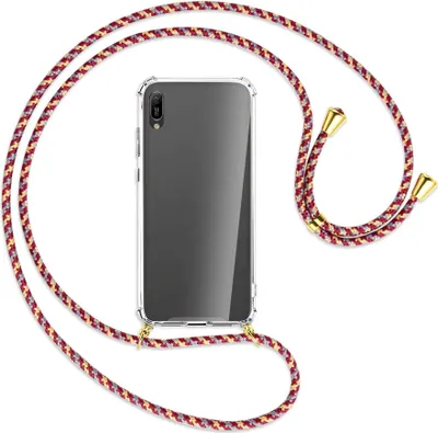 Produktbild von Handykette Backcover-Schutzhülle mit Band (Metall goldfarben) für Huawei Y6 2019 - weinrot/gelb/grau