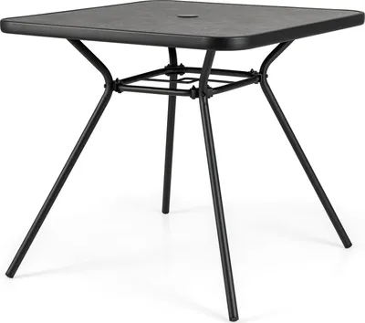 Zdjęcie produktu dla Kwadratowy stół ogrodowy z blatem SPC i otworem na parasol, solidna metalowa rama, stół do użytku na zewnątrz, czarny, 80 x 80 x 72,5 cm
