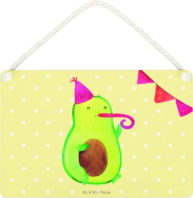 Produktbild von Mr. & Mrs. Panda Schild Avocado Party DIN A4 - Gelb Pastell - Geschenk, Abschluss, holzbild, Happy Birthday, kleine aufmerksamkeit, Geburtstag, Wandbild Holz, wandtafel