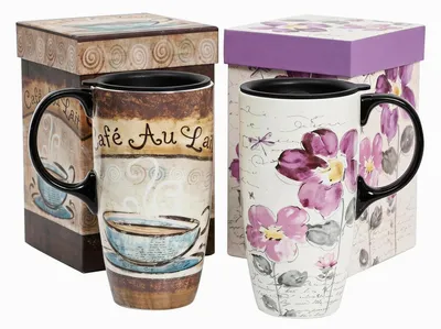 Image de Ensemble de 2 tasses à café en céramique de 500 ml avec couvercle, décor café et fleurs