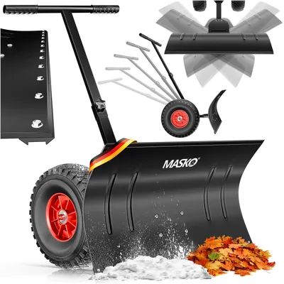Produktbild von MASKO® Schneeschaufel auf Rädern höhenverstellbar - 5-Fach Höhenverstellbar Schneeräumen, rückenschonender Schneeschieber, Schneeschild 75 cm Arbeitsbreite-Höhe 42 cm, platzsparend zusammenklappbar