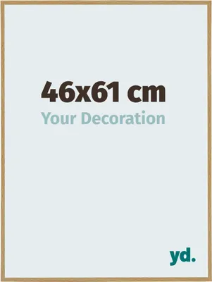 A product image showing a picture frame with dimensions and a slogan.