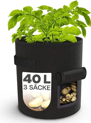 Produktbild von Kartoffelsack Pflanzsack 3er Set - 40L Groß - Mit Sichtfenster und Stecker zum Beschriften - Wasserdurchlässig - Innen- und Außenbereich