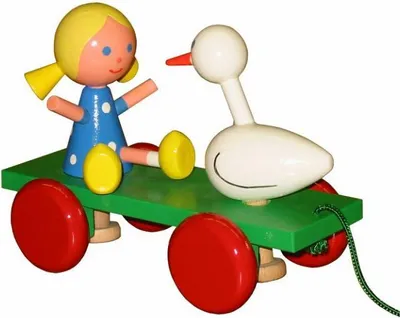 Image de Miva Bois Figurine à tirer Fillette avec oie Jouet coloré